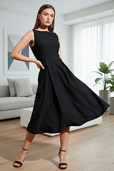 Lela Regular Fit Crew Neck Pleated Midi Length Evening Dress with Pockets Dress 6111963