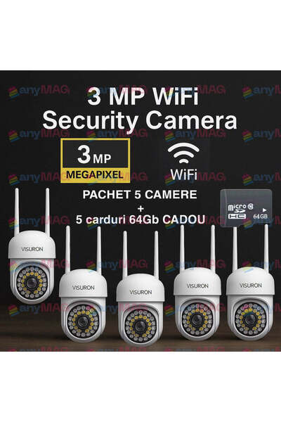 VISURON Pachet de 5 camere de supraveghere WiFi 3MP, IP66, PTZ 360°, vedere nocturnă full-color + 5×64GB