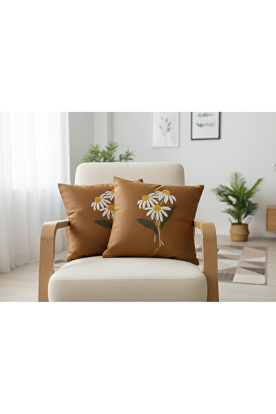 FEB Hardal Rengi Suni Nubuk Deri Punch Nakış İşlemeli Dekoratif Kırlent Kılıfı - Çiçek Motifli