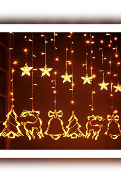rkm store Yeni Yıl Çam Ağacı Geyik Çan Temalı Işık Zinciri Yılbaşı Noel Perde Led Işık Süslemesi