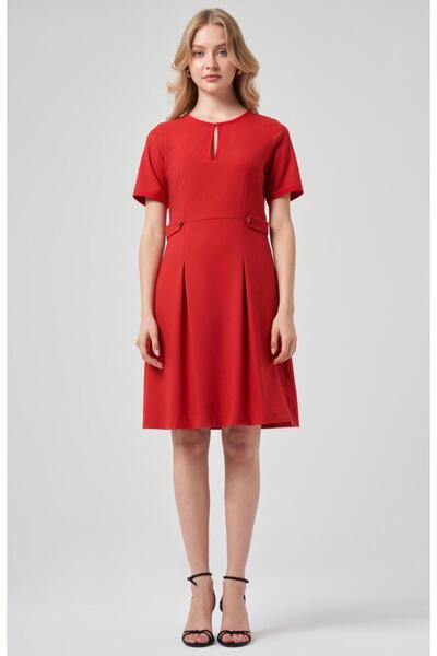 MG GİYİM STORE Women's Red Midi Length Short Sleeve Dress - Office & Casual Chic