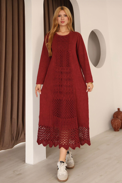 AYASOFYA OTANTIK Women's Burgundy Long Sleeve Vintage Loose Cotton Knit Dress