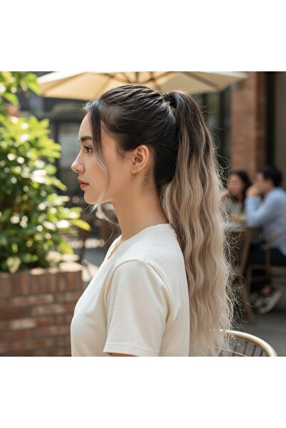 Zeysum Kumral Ombre Beyaz Platin Röfleli Su Dalgalı Lastik Tokalı At Kuyruğu ...