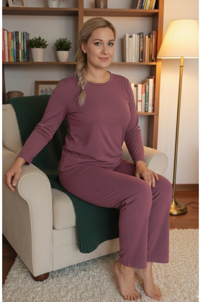 ÇAĞ MODA Viscose Knitted Crew Neck Long Sleeve Pants Pajama Set