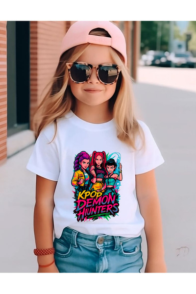 lovver Tricou pentru copii din bumbac cu imprimeu premium, design Huntrix Kpo...