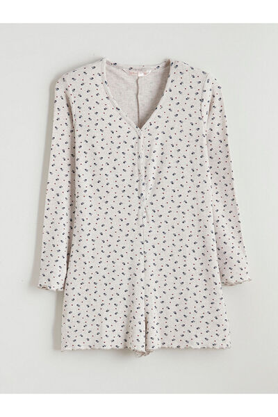 LC Waikiki Bej V Yaka Çiçekli Kadın Şortlu Uyku Tulumu