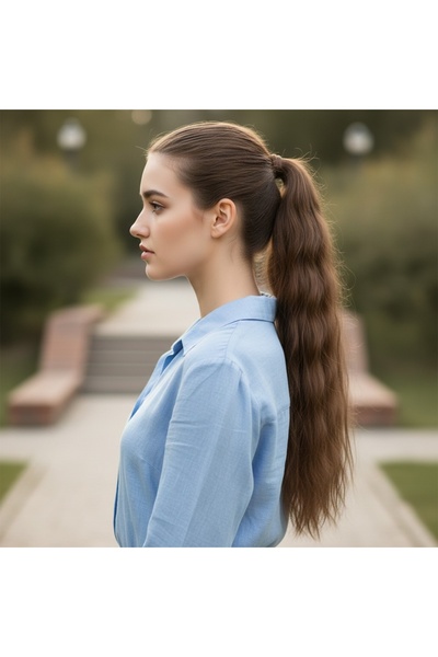 Zeysum Kumral Su Dalgalı Lastik Tokalı At Kuyruğu Saç Postiş 70 Cm 150 gr Isı...