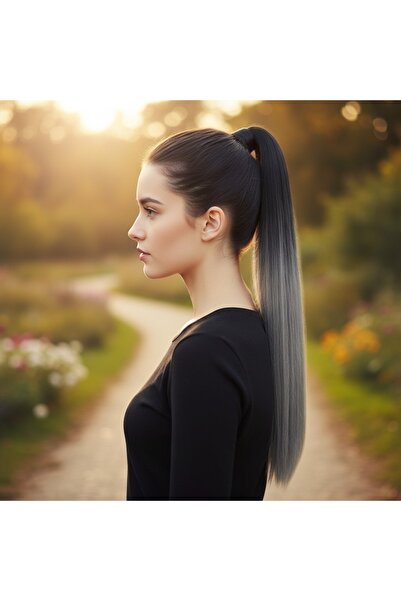 Zeysum Siyah Gri Ombreli At Kuyruğu Saç Düz Cıtçıtlı Postiş 60 Cm 150 gr Isıy...