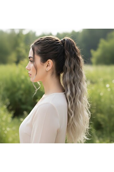 Zeysum Kumral Beyaz Platin Ombre Dalgalı Kabarık Afro Lastik Tokalı At Kuyruğ...