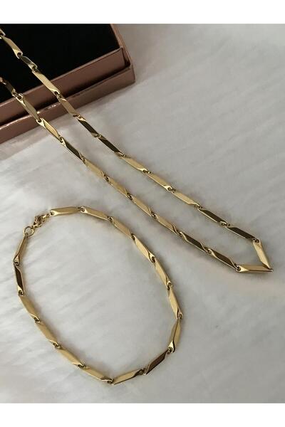 STİL NOKTA Çelik Erkek Kolye Ve Bileklik Seti Gold Renk Kararma Yapmaz