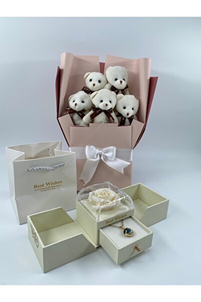 aromahediye 14 AYAR ALTIN KAPLAMA GÖKYÜZÜ KOLYE AYICIK BUKETİ BEYAZ GÜLLÜ KUT...