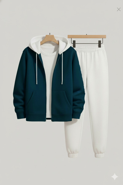 MAGORS Unisex 3 Yarn Quality White Hooded Petrol Blue Zip-Up Cardigan and White Trackpants Bottom Top Set