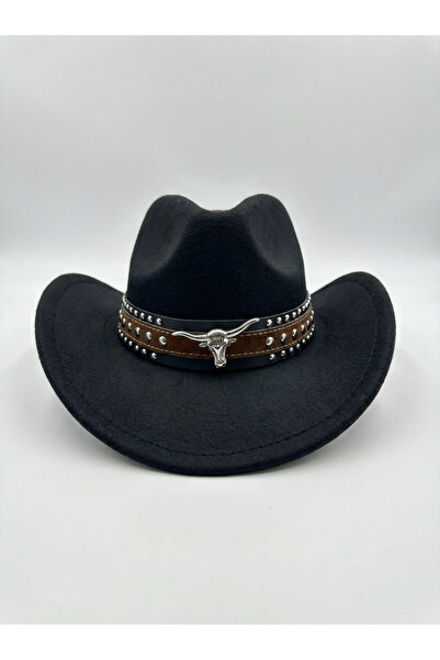 Kapin Boğa Figürlü Deri Kemer Detaylı Kovboy Fötr Şapka - Siyah