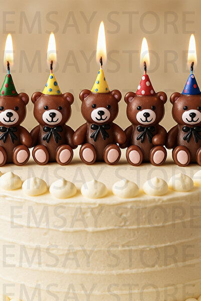 Emsay Store Ayıcık Figürlü Doğum Günü Pasta Mumu – Renkli Parti Şapkalı 5’li Set - Çocuk Doğum Günü İçin