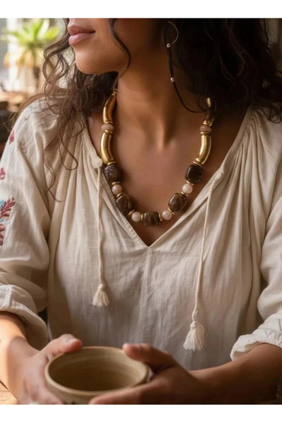 Dorvina Brown Gold Detailed Acrylic Bead Design Bijouterie Women's Necklace