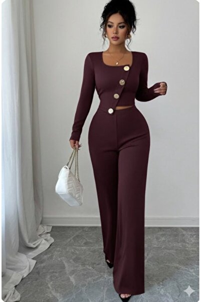 ALPACO Women's Long Sleeve Square Neck Asymmetrical Button Detail Blouse and High Waist Pants Two Piece Set