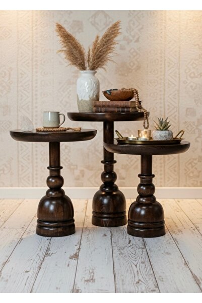 ASELYA HOME Doğal Ahşap 3’lü Set Mantar Yan Sehpa Modern Koyu Ceviz Fiskos Zi...