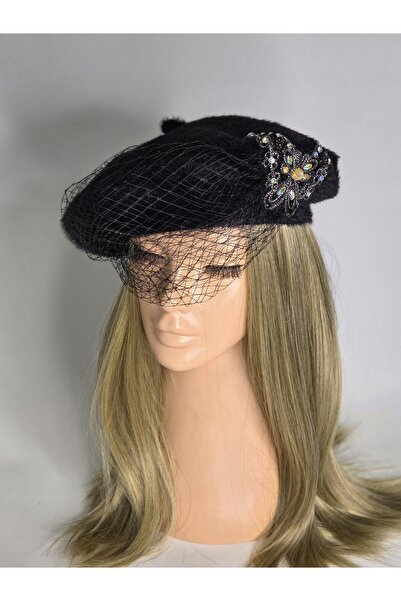 Senbeno Design TASARIM ŞAPKA VUALET VE TAŞLI KELEBEK DETAYLI SİYAH KAŞMİR GÖR...