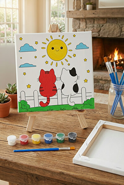 RenkliİzlerAtölyesi Çocuk Tuval Boyama Seti (Güneşi İzleyen Kediler)