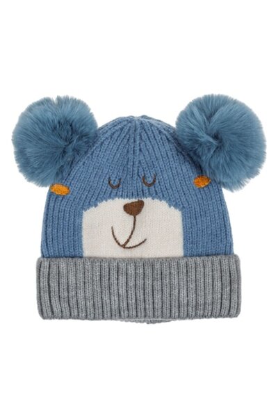 OEM Căciulă tricotată albastru deschis/gri cu urechi și ursuleț cu pompon pen...