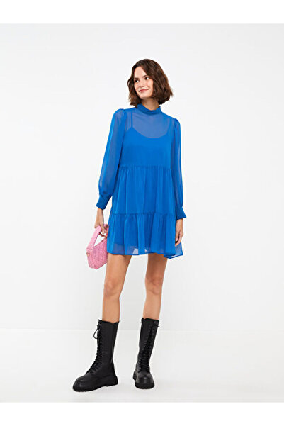 LC Waikiki Mock Neck Straight Long Sleeve Chiffon Dress