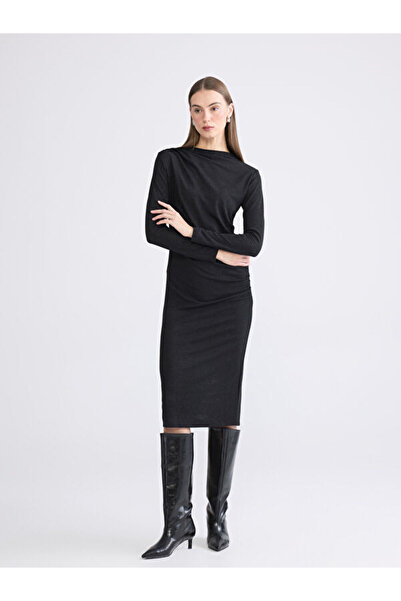 LC Waikiki Mock Neck Shiny Looking Shirred Dress