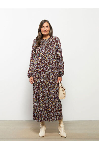 LC Waikiki Crew Neck Patterned Long Sleeve Viscose Dress