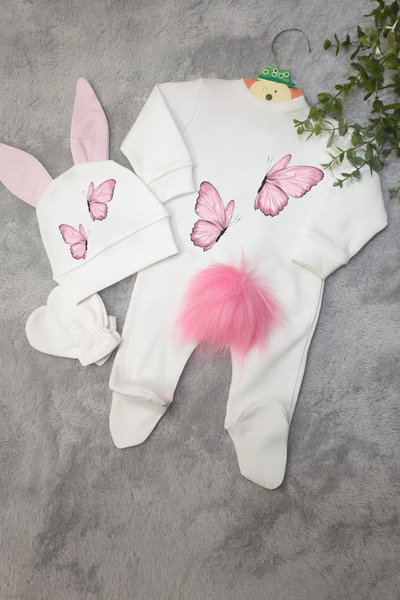 Moda Lime Pink Butterfly Printed Baby Rompers Set – Organic Cotton – Baby Girl