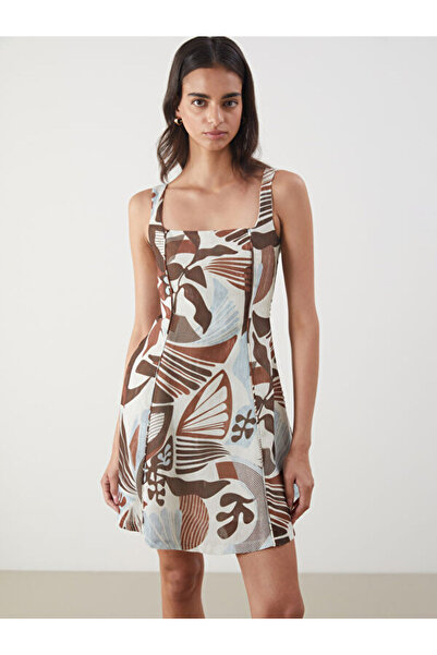 LC Waikiki Square Neck Patterned Linen Look Mini Dress