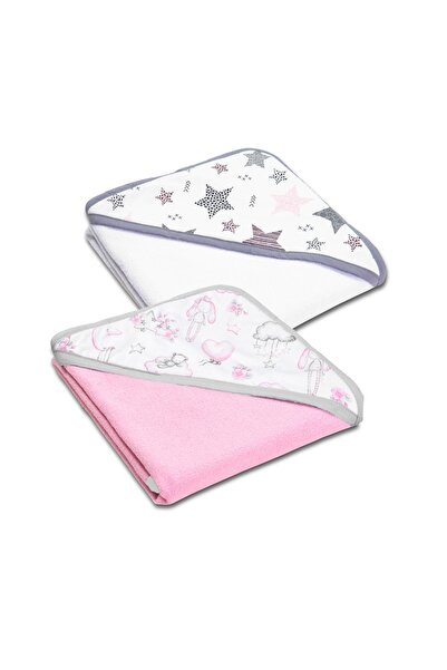 Kidizi Set doua prosoape din bumbac cu gluga 90x90 cm Pink Star Clouds