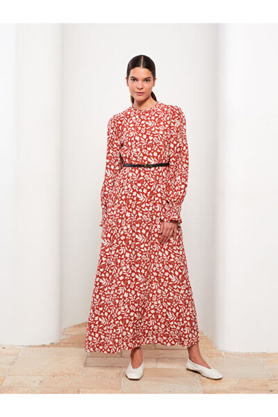 LC Waikiki Crew Neck Patterned Long Sleeve Dress and Belt Set