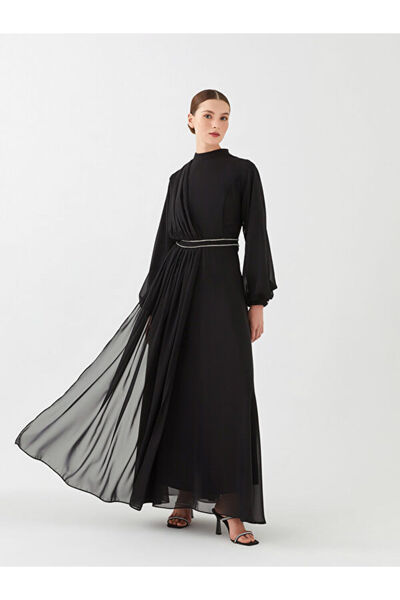 LC Waikiki Rochie de seară de damă cu mânecă lungă, cu guler rotund brodat cu piatră