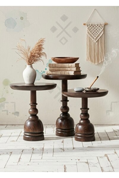 ASELYA HOME Doğal Ahşap 3’lü Set Mantar Yan Sehpa Modern Koyu Ceviz Fiskos Zi...