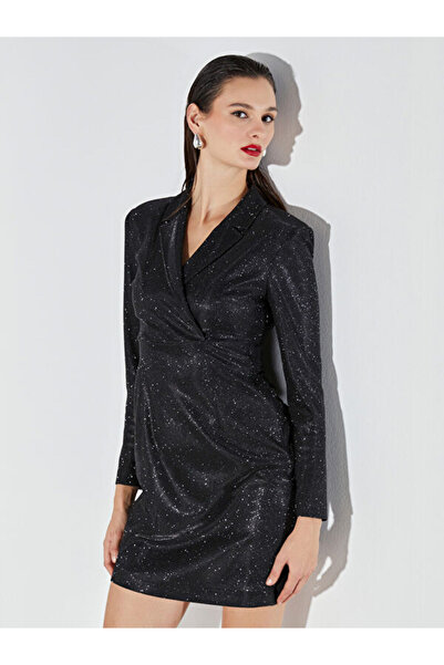 LC Waikiki Double-Breasted Collar Shiny Textured Mini Dress