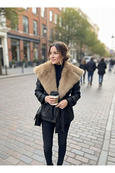 Lila Moda Women's Fur Collar Belted Leather Jacket