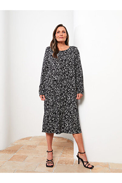 LC Waikiki Crew Neck Patterned Long Sleeve Viscose Dress