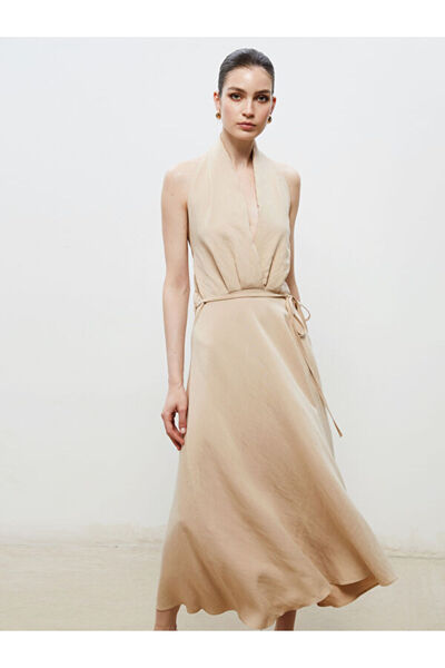 LC Waikiki Halter Neckline Belted Satin Dress