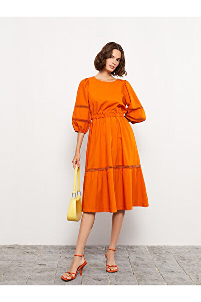 LC Waikiki Crew Neck Embroidered Balloon Sleeves Poplin Women's Dress