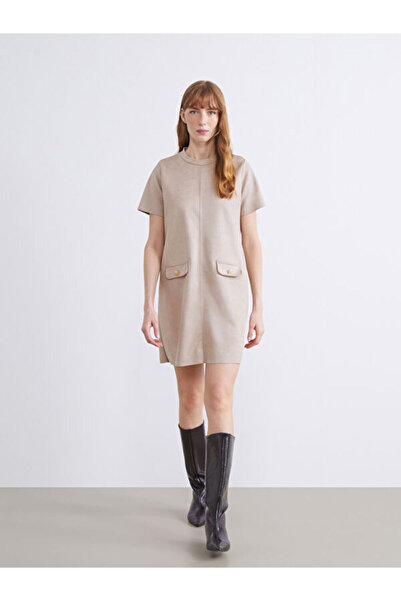 LC Waikiki Crew Neck Suede Mini Dress