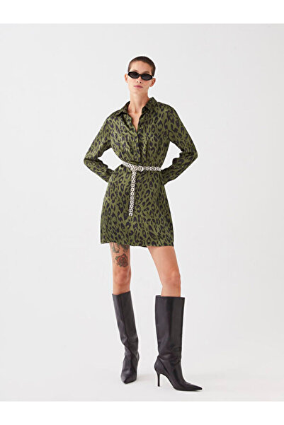 LC Waikiki Shirt Collar Patterned Long Sleeve Satin Dress