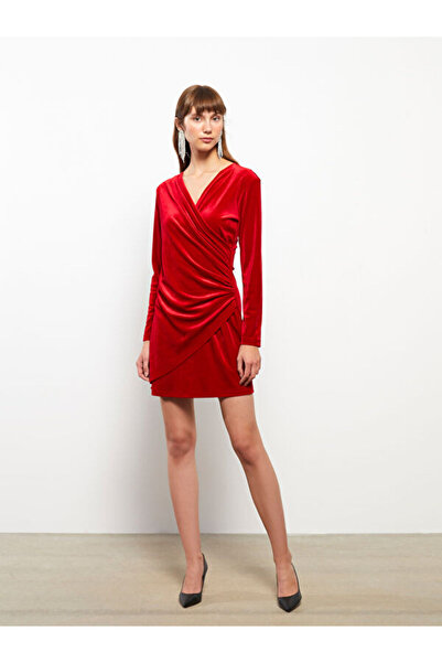 LC Waikiki Double Breasted Collar Solid Long Sleeve Velvet Women's Bodycon Dress