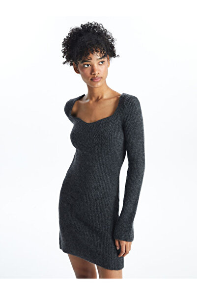 LC Waikiki Sweetheart Neckline Solid Long Sleeve Women's Knitwear Dress