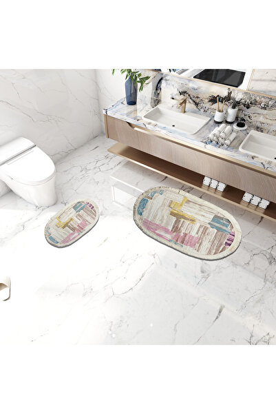 VibeHome Sanatsal Pembe-Mavi-Beyaz 105x65 & 65x55 2 Parça Pamuklu Püsküllü Yu...