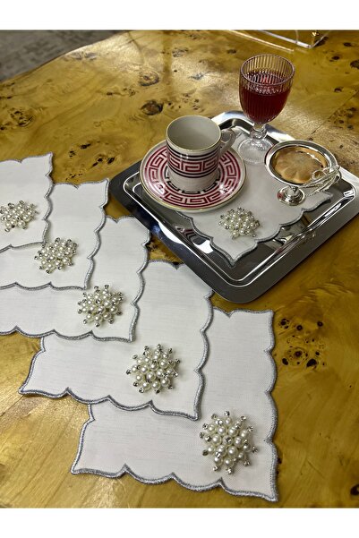 MİNOZA 6 Pieces of Gardenia Fabric Cocktail & Coffee Presentation Napkins with Pearl Brooches and Edge Embroidery, Stain Resistant