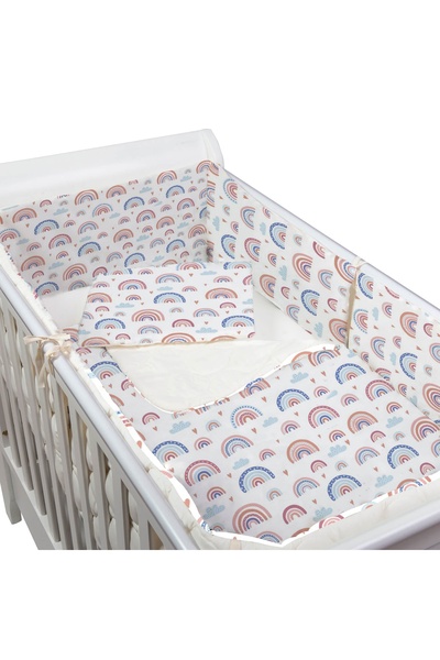 Kidizi Set lenjerie 5 piese din flanel Beige Rainbow, perna bebelus, plapumio...