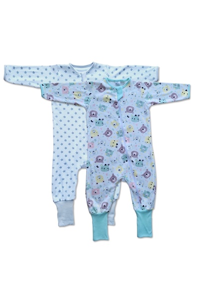 Kidizi Set 2 salopete pijama bebe cu fermoar si botosei manseta Hello Bears marime 3-6 luni, 68 cm