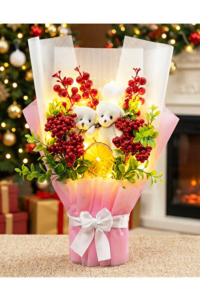 lenostra Işıklı Kokina Buket - Sevgiliye Hediye - Ayıcıklı Kokina Buketi - Sevgiliye Çiçek - Yilbasi Hediyesi