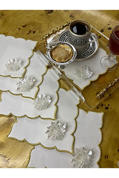 MİNOZA 6 قطع من مناديل تقديم الكوكتيل/القهوة المطرزة المقاومة للبقع مع دبابيس على شكل أوراق الشجر