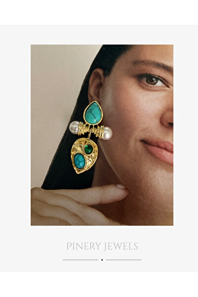 Pinery Jewels İncili Damla Firüze Taşlı Sallantılı Küpe Çifti