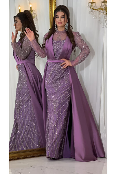 NHMODA Stone Embroidered Chiffon Fabric Tailled Evening Dress